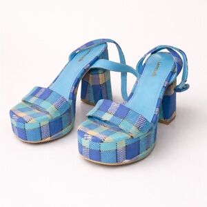 Larroude Blue Checkered Platform Heels